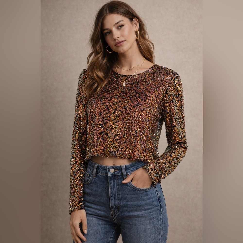 NWT GeeGee Multicolored Sequined Long Sleeve Top Festival Fairy , size M